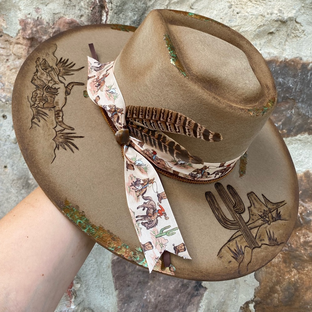SOLD READ DESCRIPTION BELOW New Rockin C Hand burned hat Sz Medium - Picture 1 of 7
